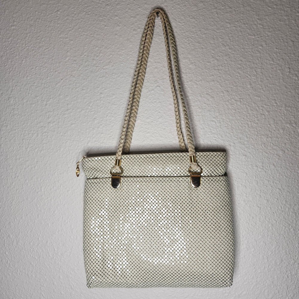 Retro Offwhite Tote Chainmail-like Diamond Shaped Links Cover It Gold Accents